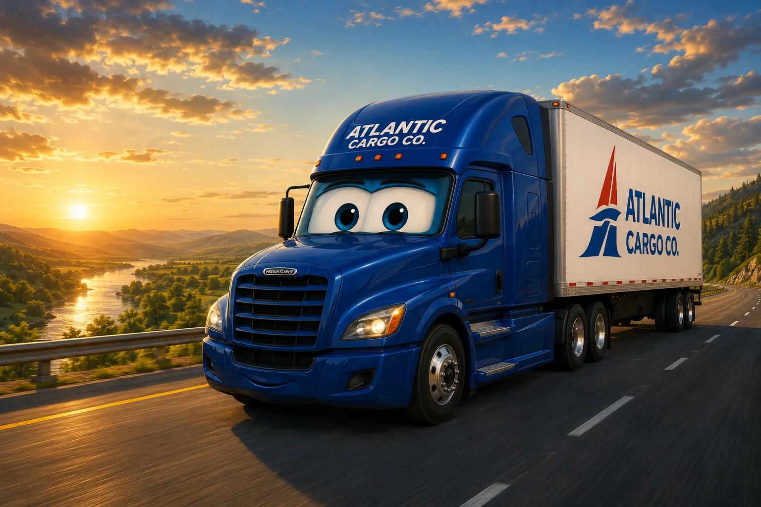 Atlantic Cargo Co. blue Freightliner on an interstate at sunset