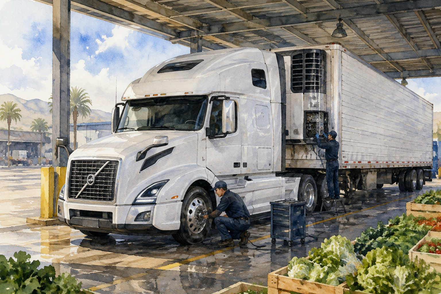 Watercolor illustration of technicians performing preventive maintenance on a Volvo reefer unit.