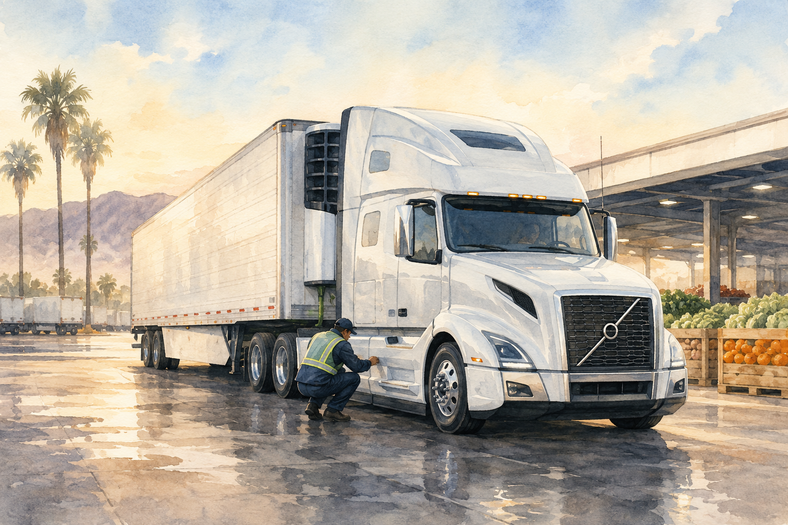 Watercolor illustration of a Patterson Trans driver performing a pre-trip safety inspection on a Volvo tractor.