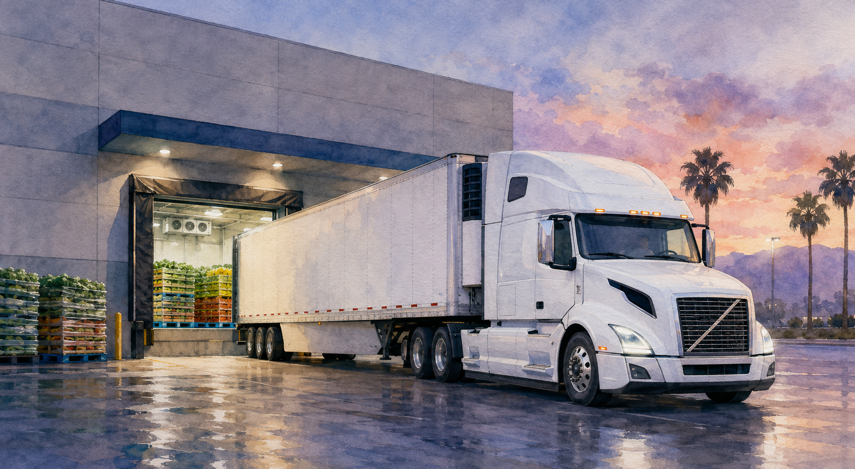 Watercolor illustration of a Volvo refrigerated tractor-trailer loading at a produce terminal dock.