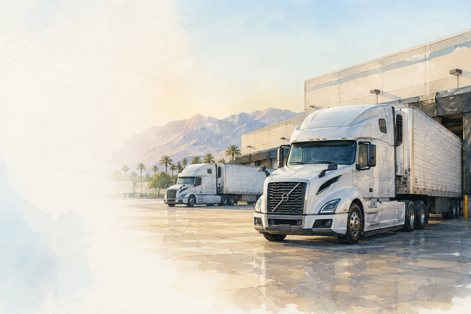 Watercolor illustration of Volvo refrigerated tractor-trailers operating at a Southern California distribution dock.