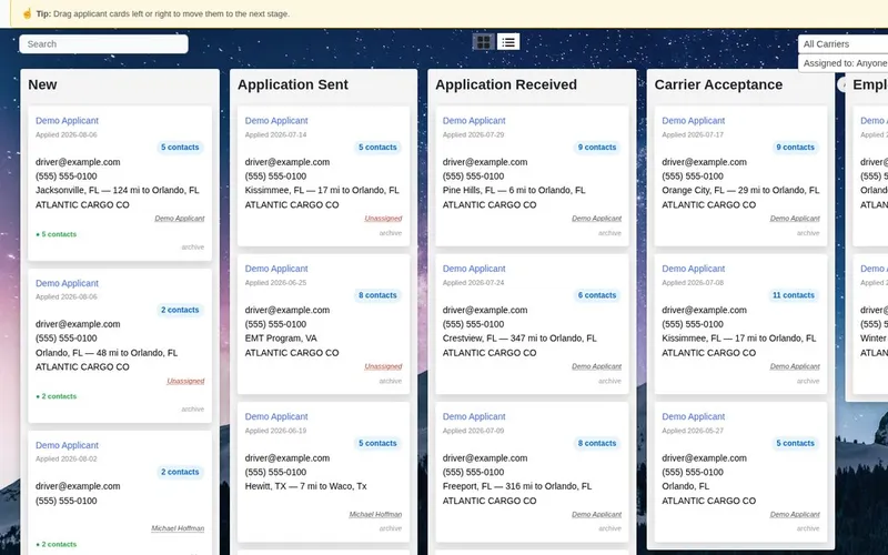 Applicant tracking board with columns New, Application Sent, Application Received, Carrier Acceptance and Employed