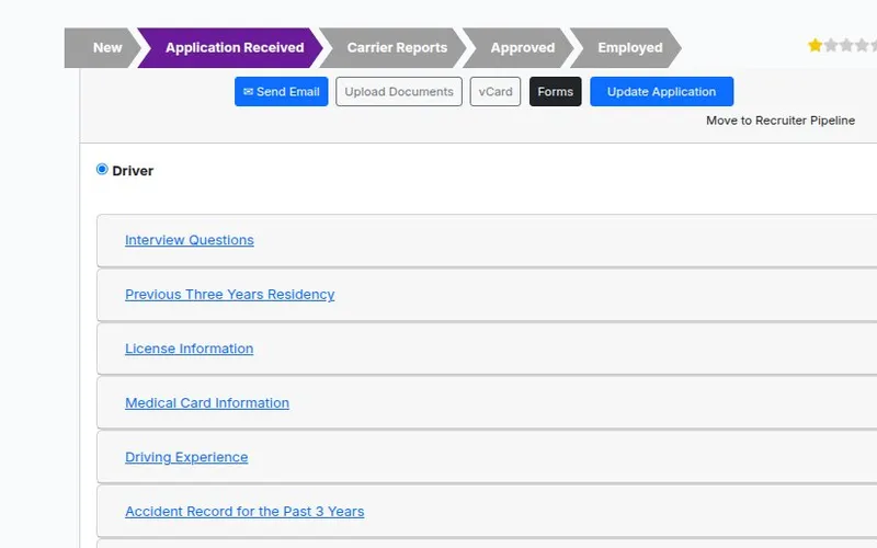 Driver record with interview questions, residency, license, medical card and driving experience sections