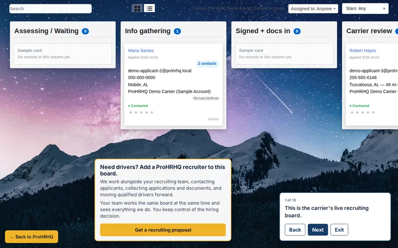 Live ProHRHQ demo recruiting board with applicant cards and the Add a ProHRHQ recruiter card