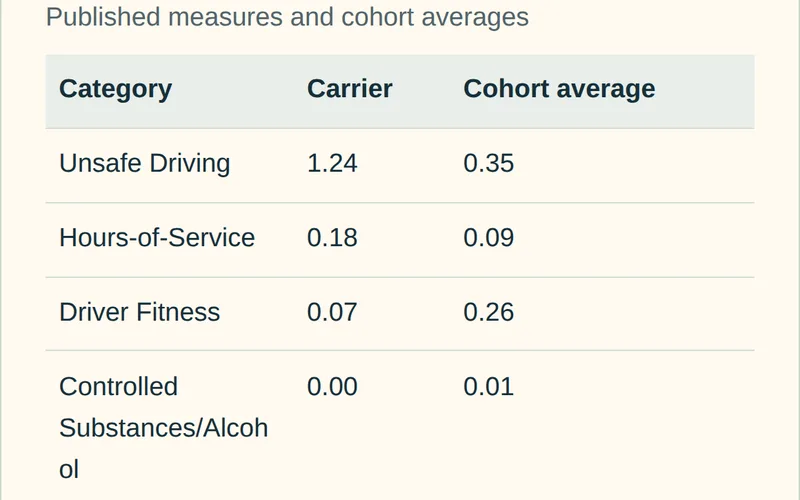 Table of published inspection measures beside the cohort average for carriers of similar fleet size