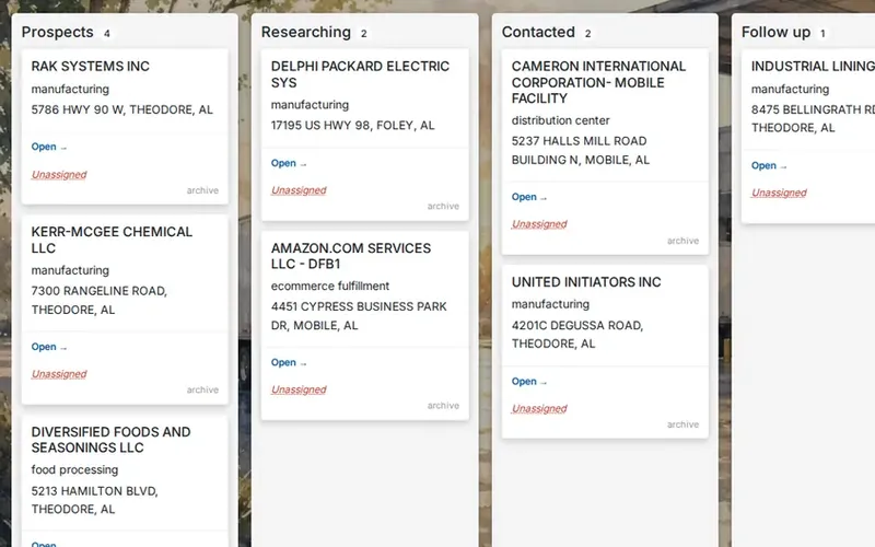 Freight prospect board with columns Prospects, Researching, Contacted and Follow up