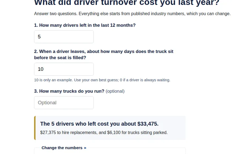 Turnover calculator showing what five departed drivers cost