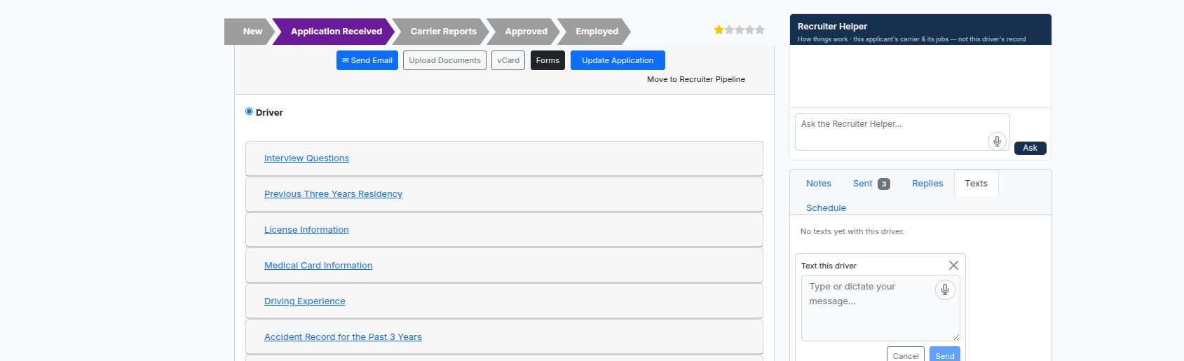 A real ATS2 recruiter workspace screen, driver identity redacted: Send Email, Upload Documents, Forms, Update Application, the driver record accordion, AI Recruiter Helper, and Notes, Sent, Replies, Texts, and Schedule tabs.