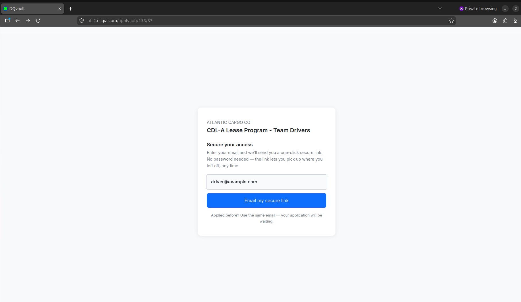 Secure access screen in the ProHRHQ driver application