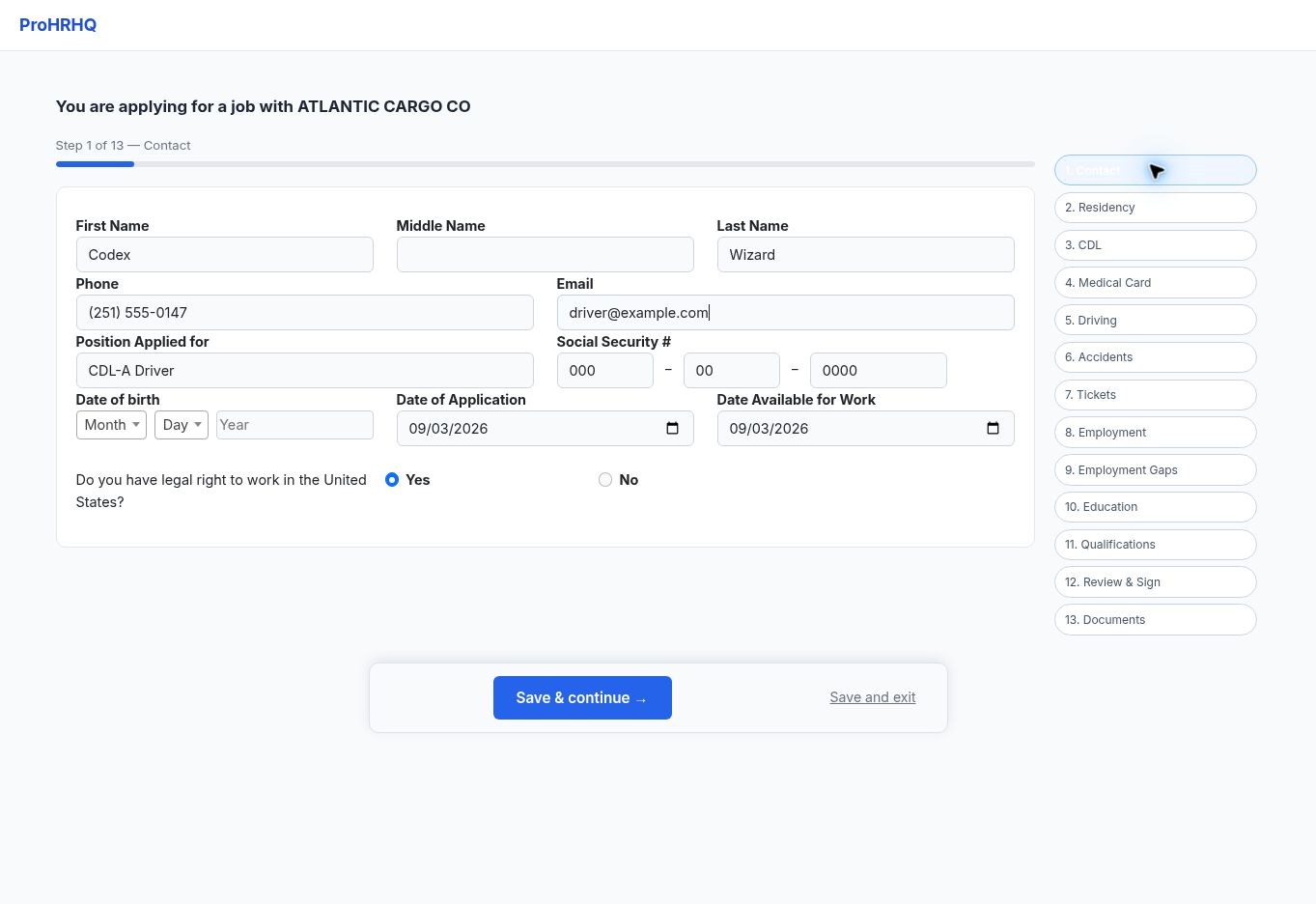Contact screen in the ProHRHQ driver application