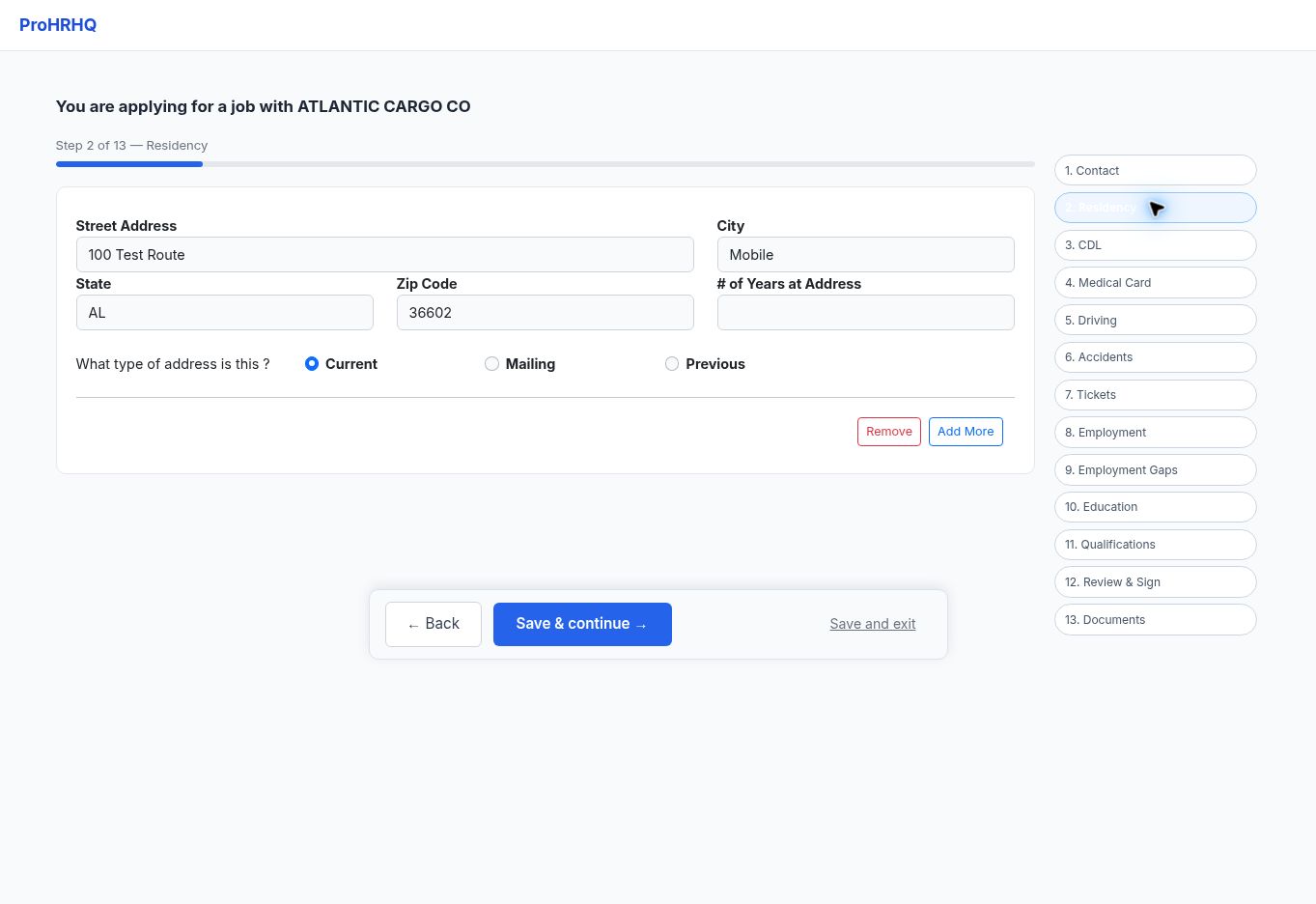Residency screen in the ProHRHQ driver application