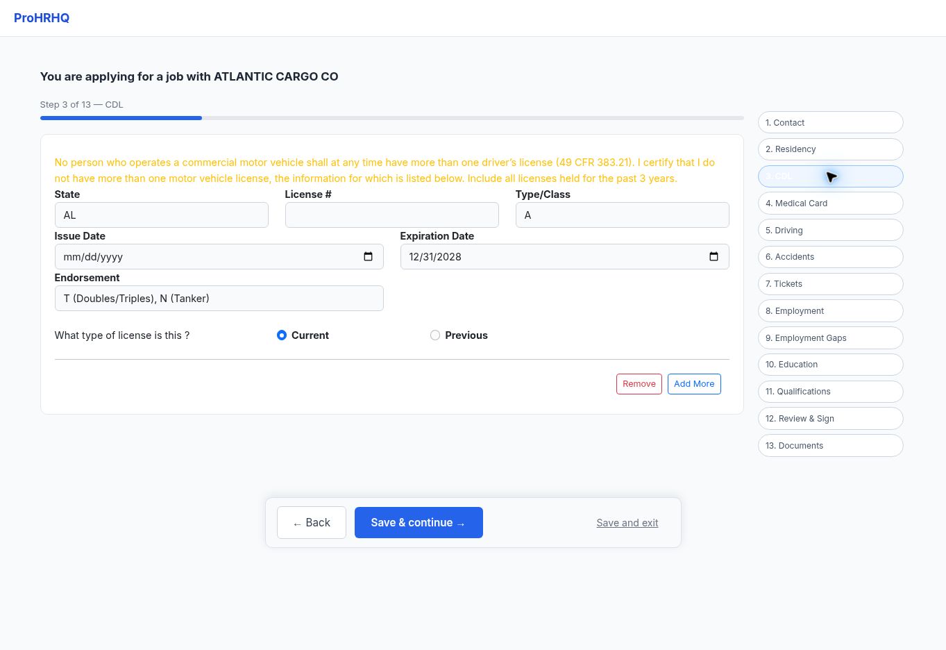 CDL screen in the ProHRHQ driver application