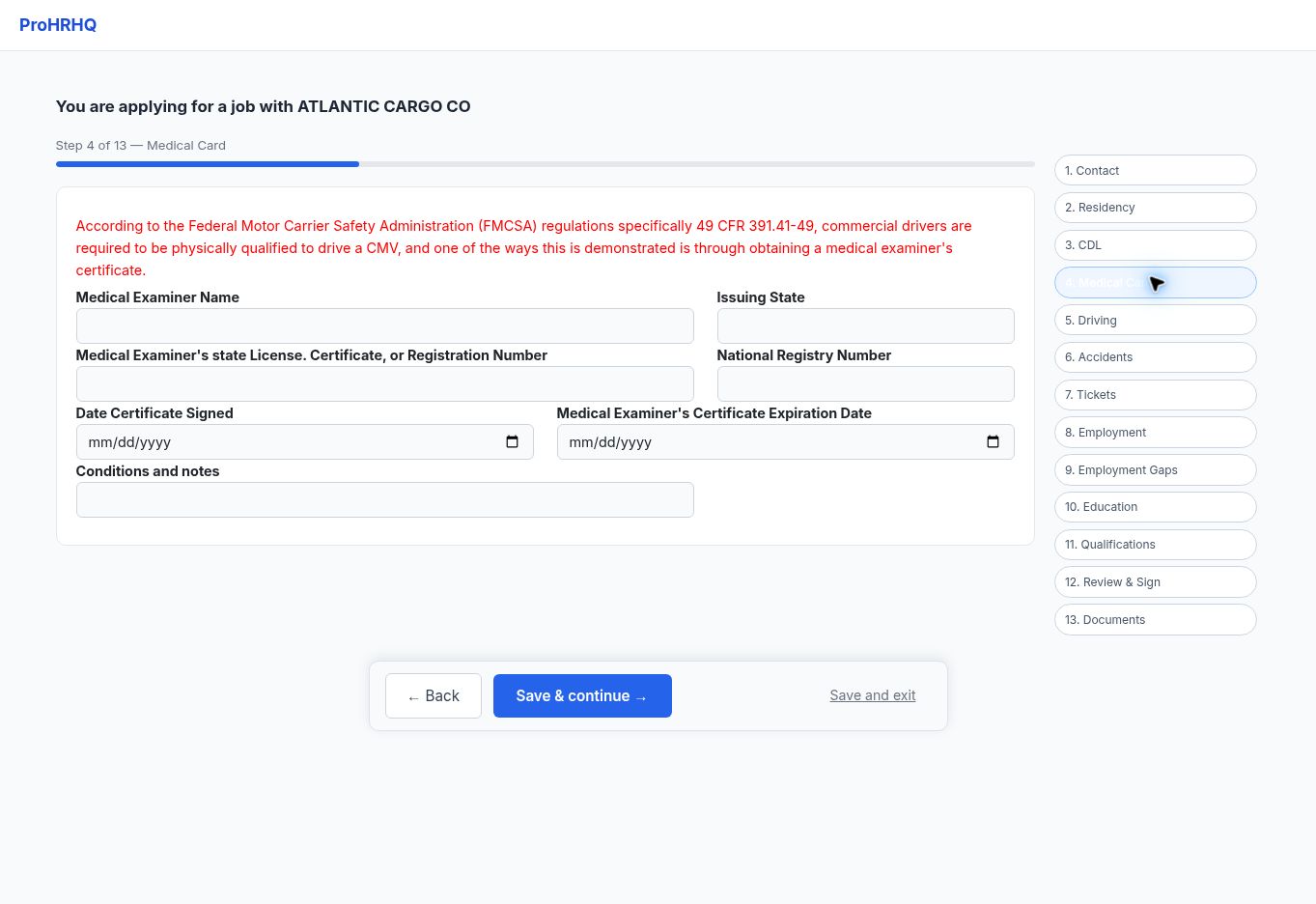 Medical card screen in the ProHRHQ driver application