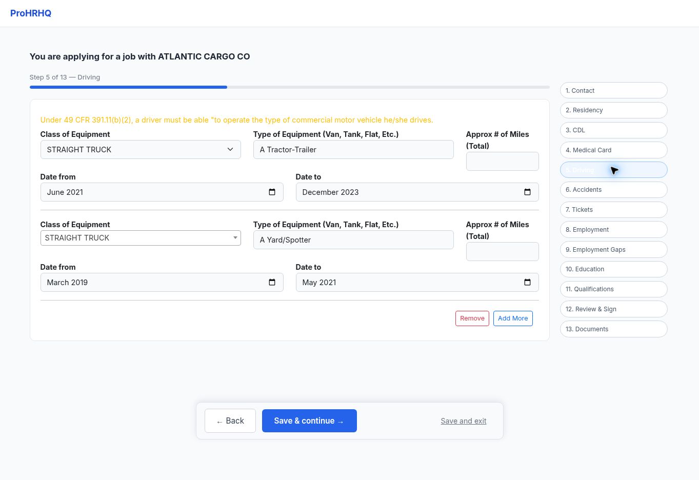 Driving experience screen in the ProHRHQ driver application
