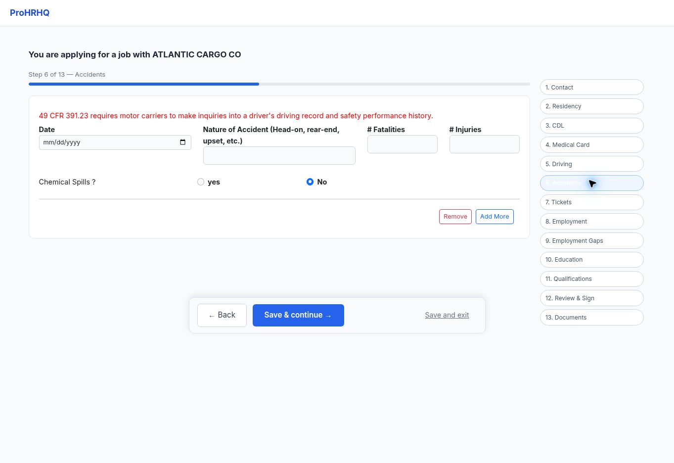 Accidents screen in the ProHRHQ driver application