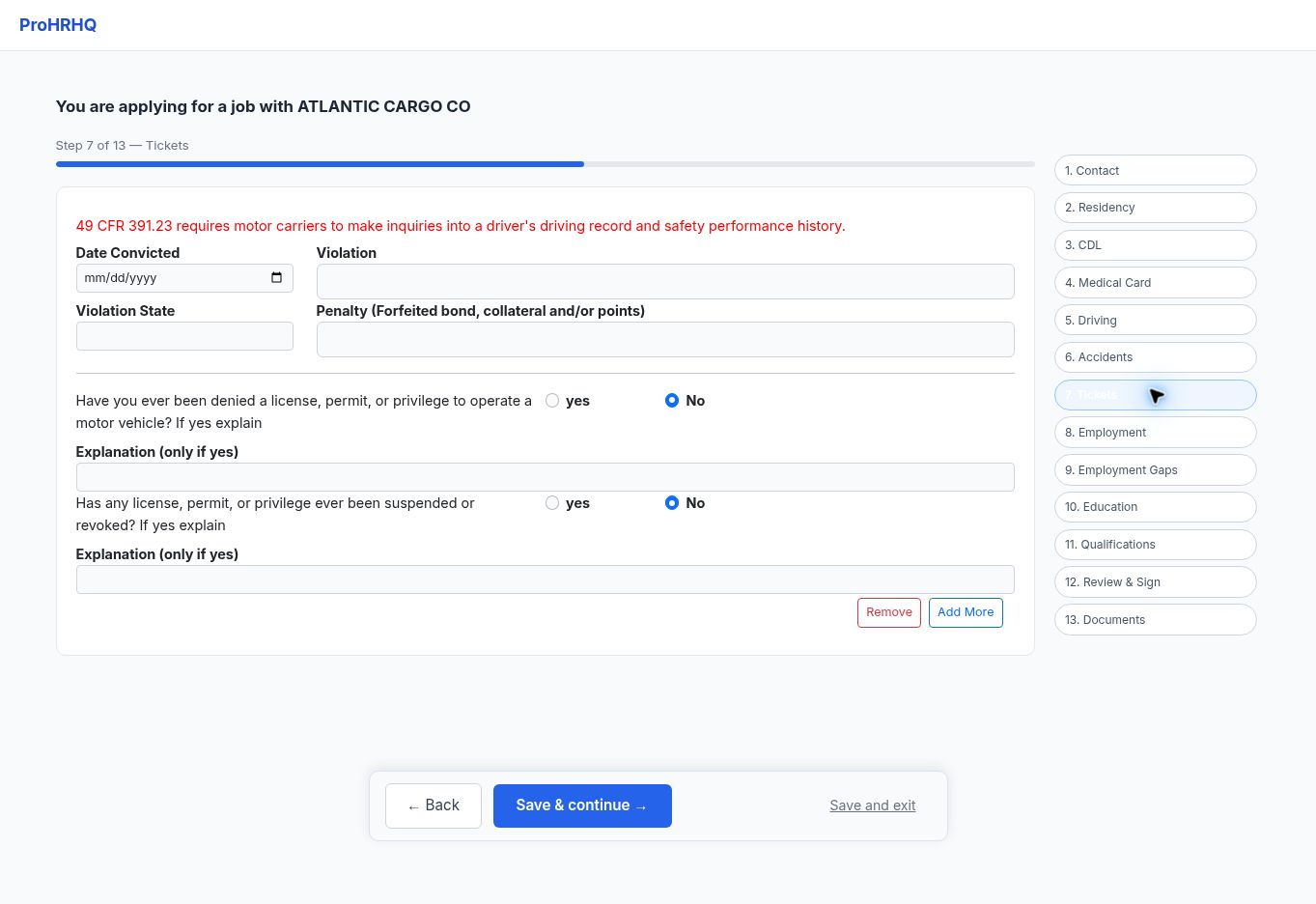 Tickets screen in the ProHRHQ driver application