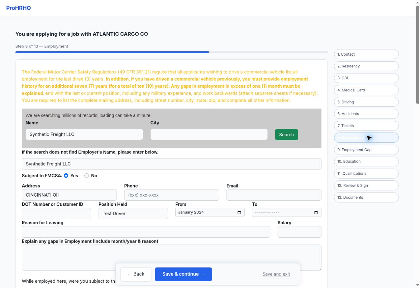 Employment screen in the ProHRHQ driver application