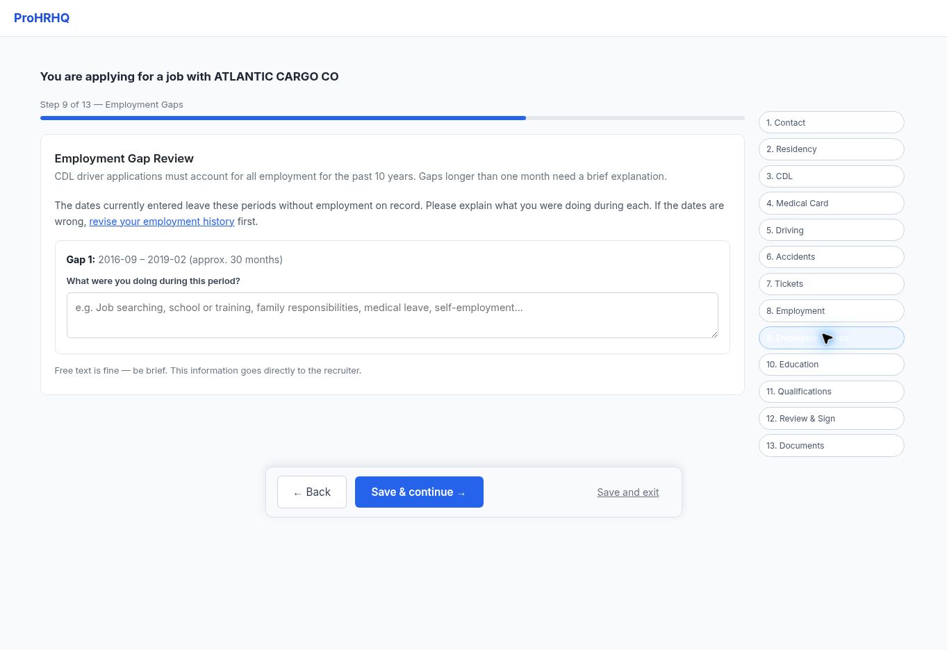 Employment gaps screen in the ProHRHQ driver application