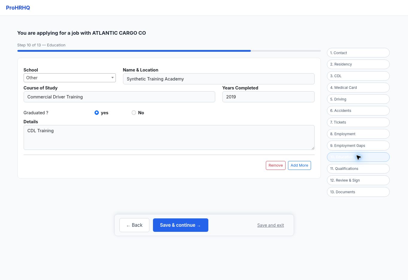 Education screen in the ProHRHQ driver application