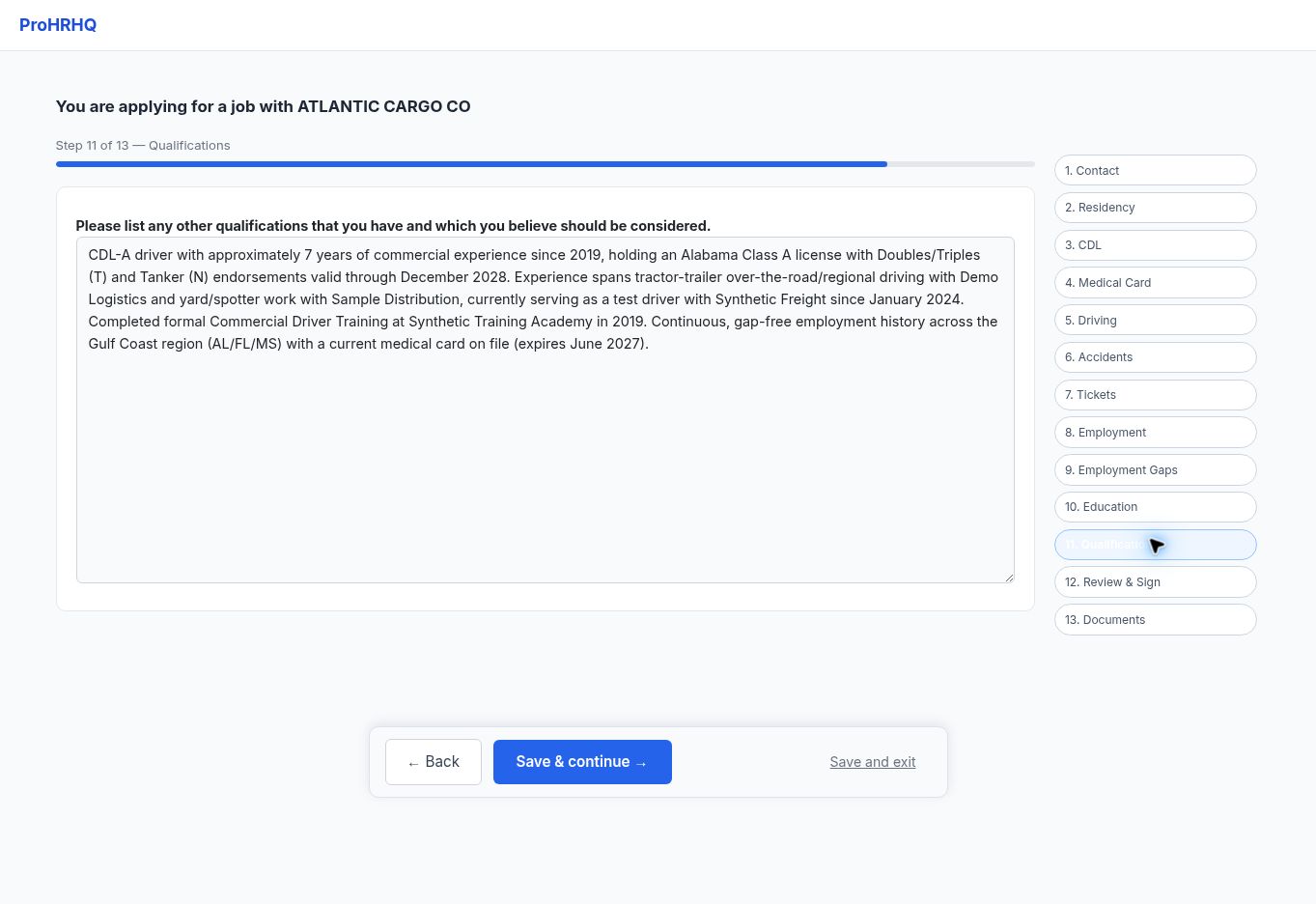 Qualifications screen in the ProHRHQ driver application