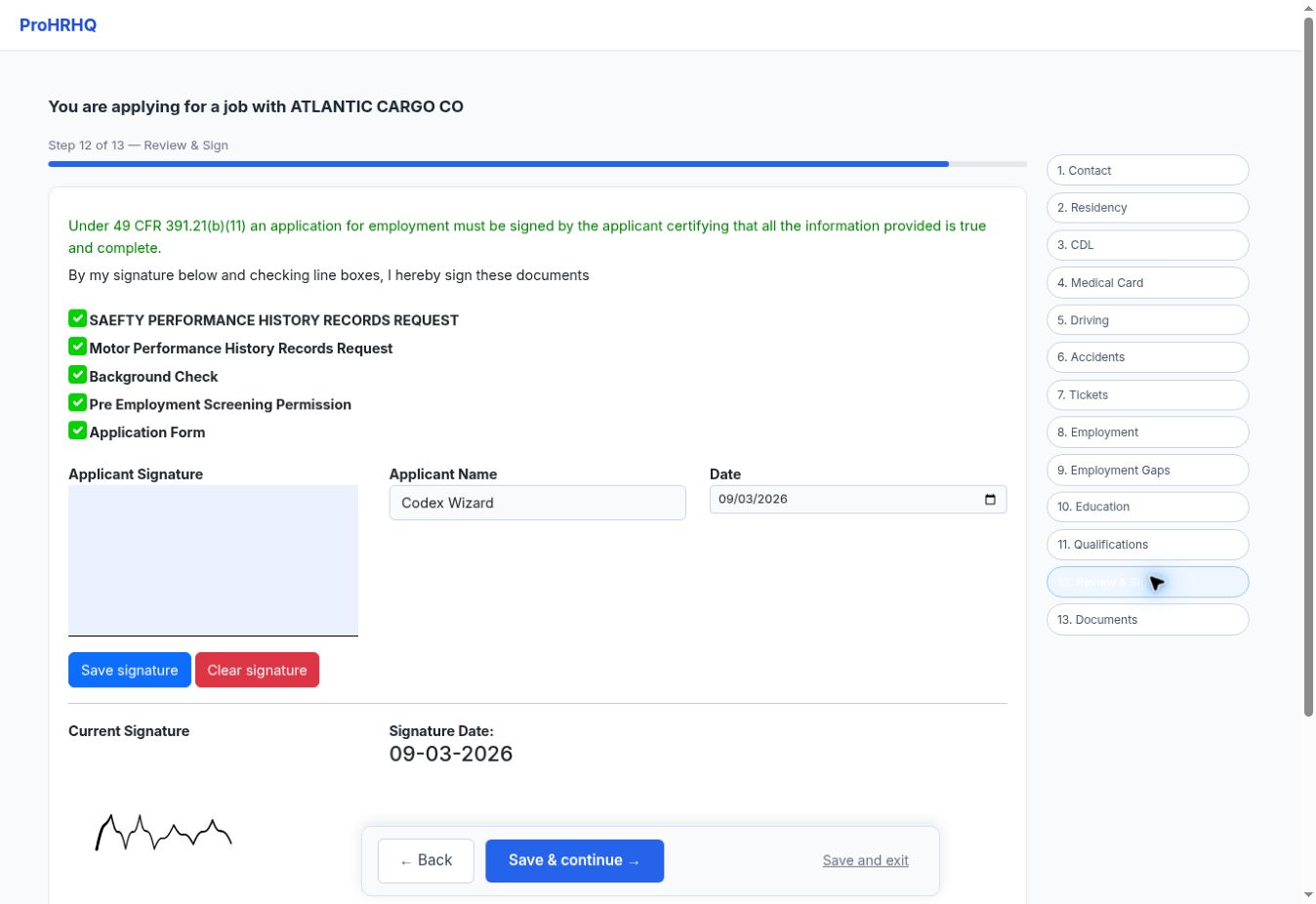 Review and sign screen in the ProHRHQ driver application