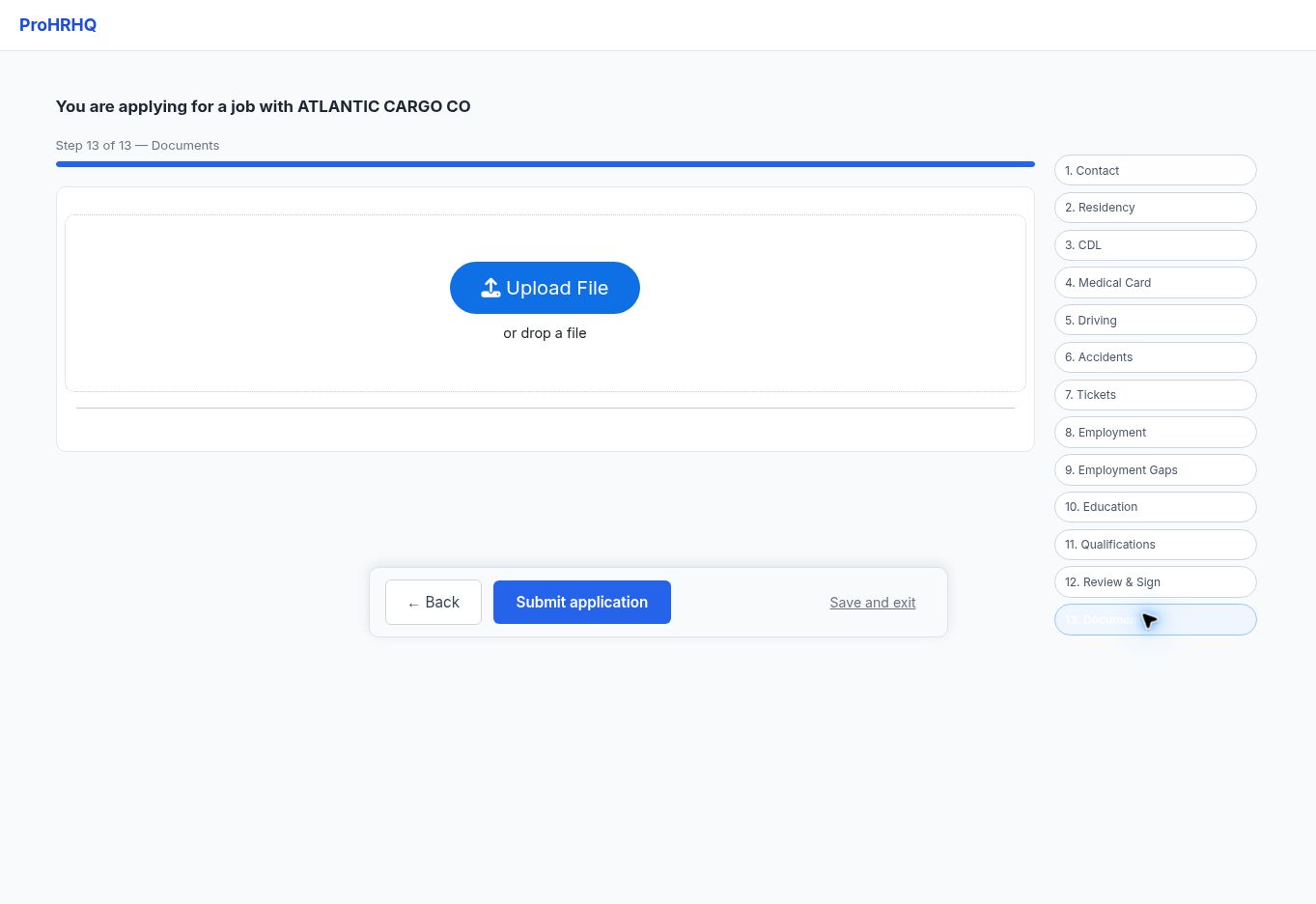 Documents and submit screen in the ProHRHQ driver application