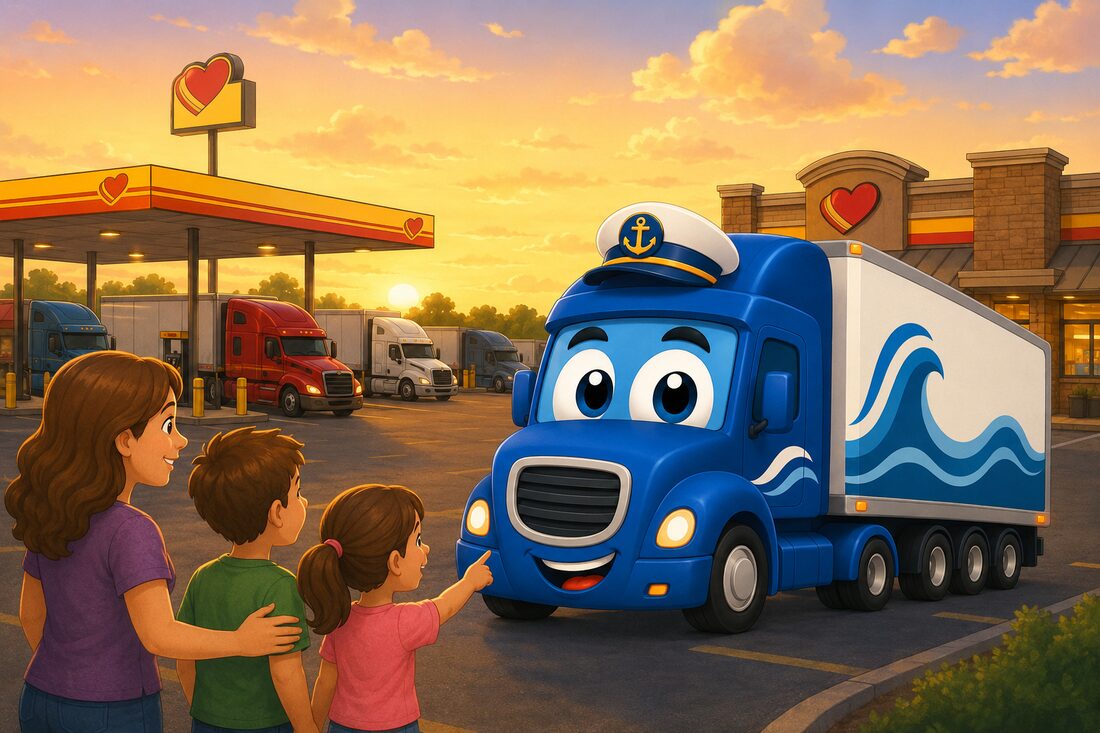 A family meeting their driver at a truck stop at sunset