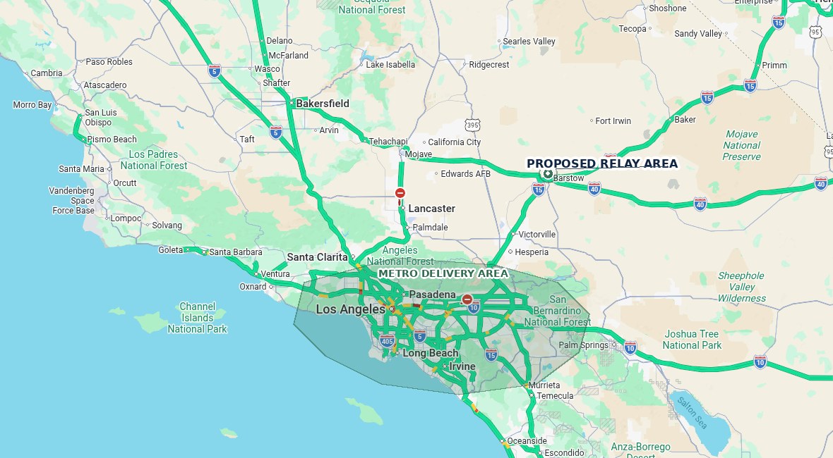 Regional freight-corridor map showing highway convergence and a metro delivery area -- an example of the route and corridor analysis North Star/iVerify performs.