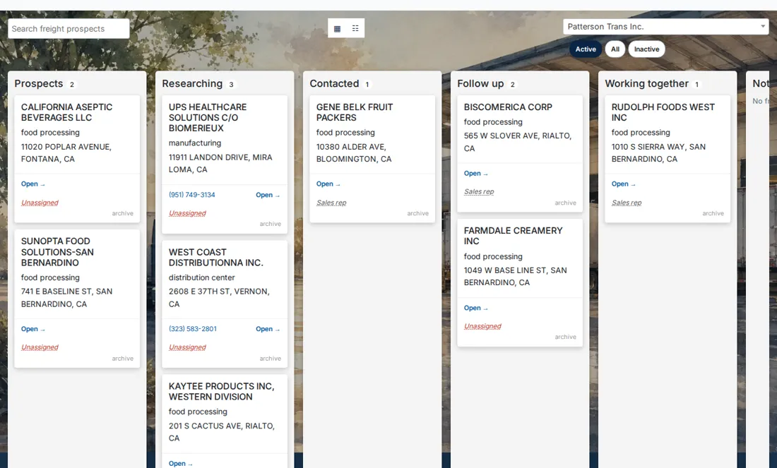 Example freight sales pipeline with shipper facilities sorted into Prospects, Researching, Contacted, Follow up and Working together.