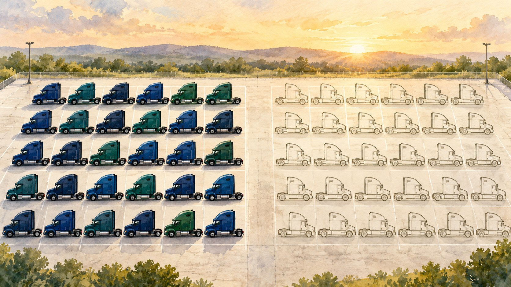 Watercolor of a truck yard with 30 trucks parked and 30 empty spaces waiting to be filled