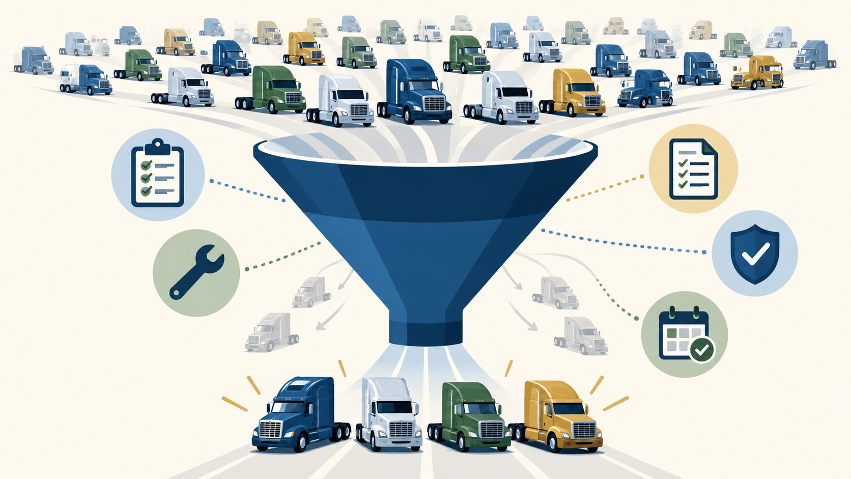 Trucks pass through a funnel of safety, equipment, records, qualification and time-in-business checks; four come out