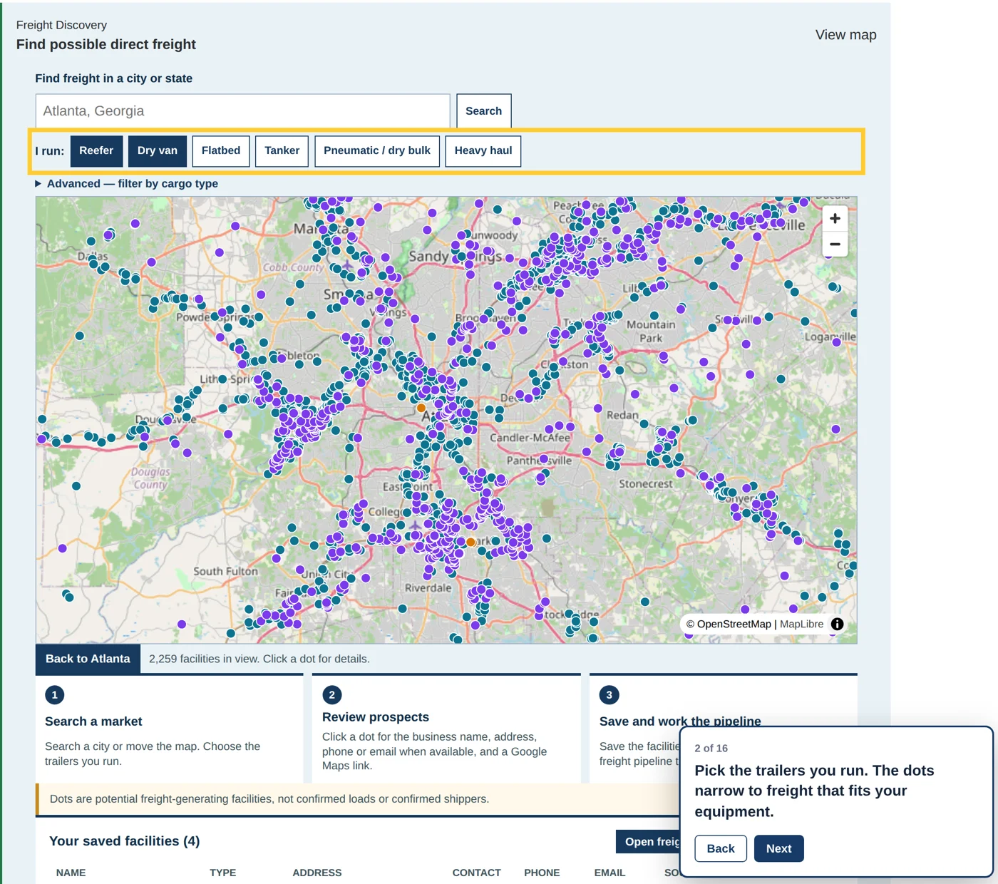 The live Freight Finder: trailer choices, a map of Atlanta freight facilities and step 2 of the 16-step tour