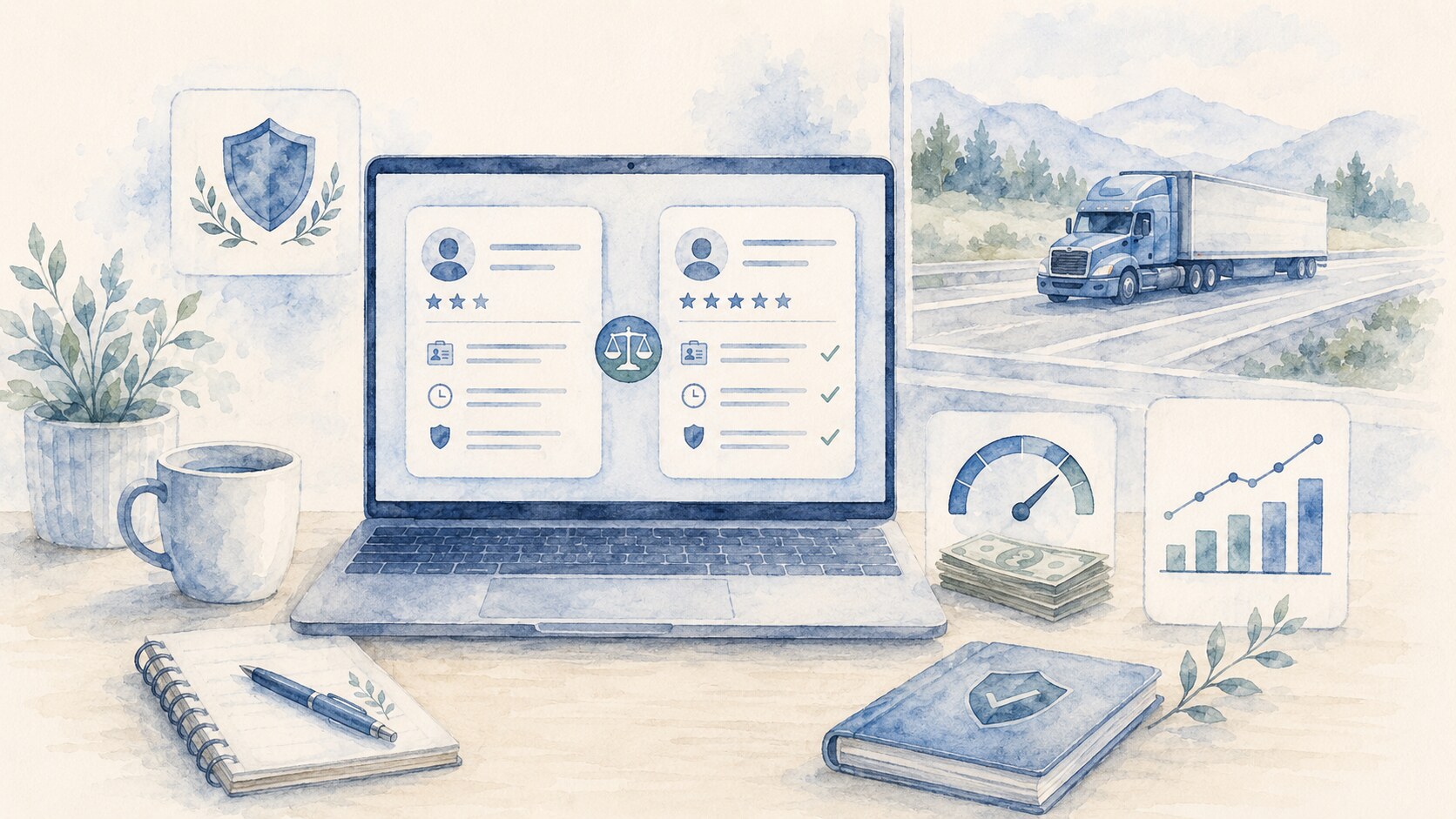 Watercolor illustration of a carrier-owned recruiting account comparing two driver advertisements, a controlled budget gauge, applicant-quality measures, and a truck on the road.