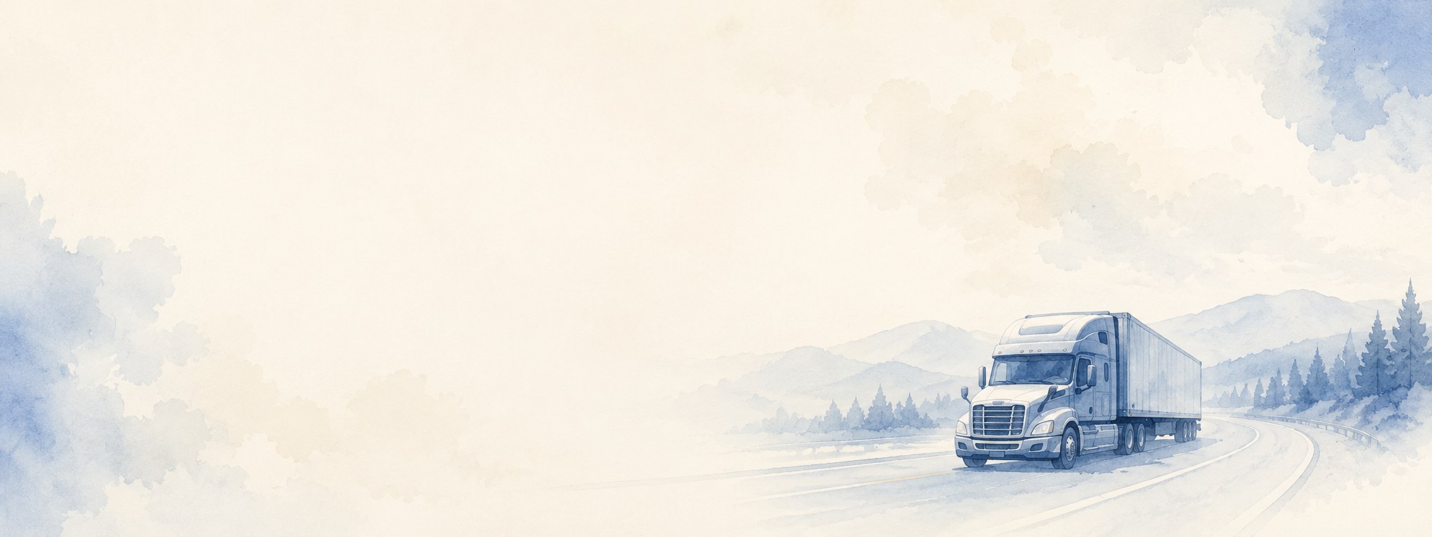 A truck travels a highway through misty watercolor mountains -- ProHRHQ recruiting operations for motor carriers.