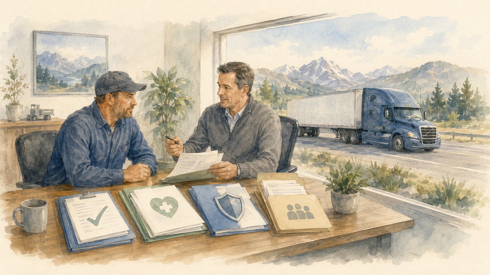 Watercolor of a carrier owner and an advisor reviewing paperwork at a desk