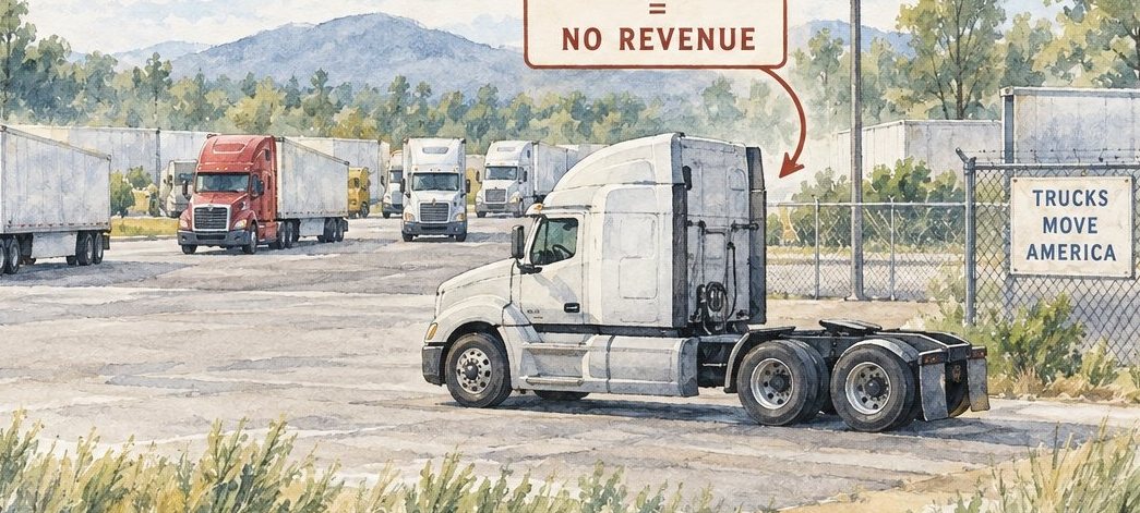Watercolor of an idle truck parked in a lot