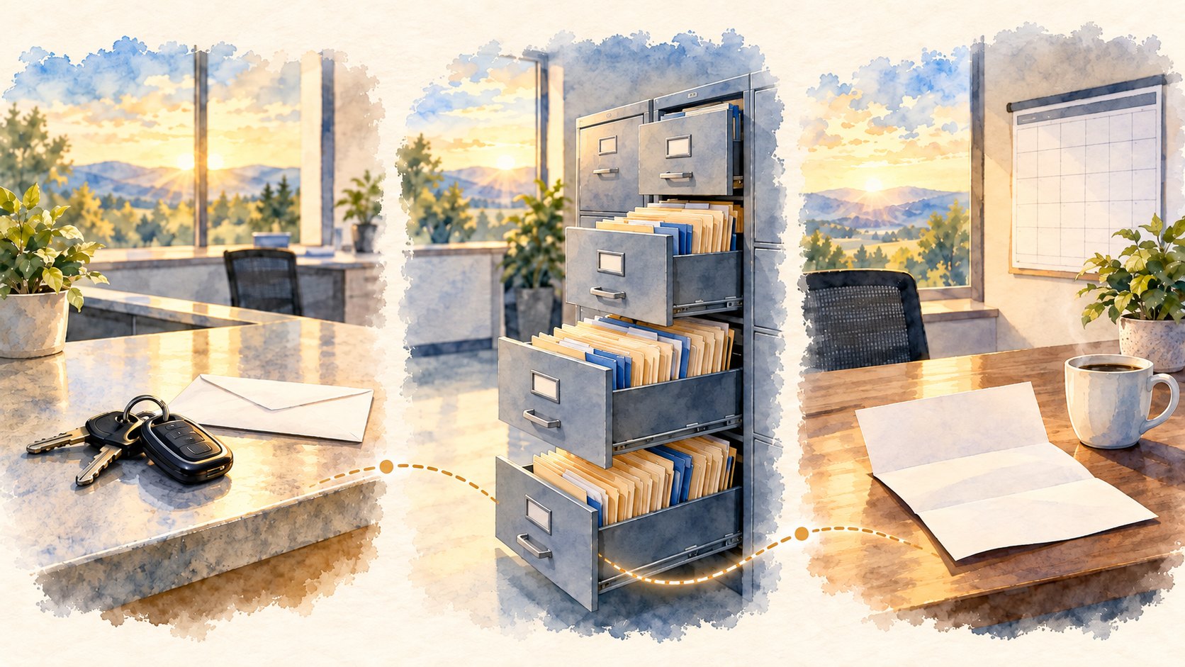 Three watercolor panels: truck keys beside an envelope, a filing cabinet with every driver file pulled, and an opened letter on a desk