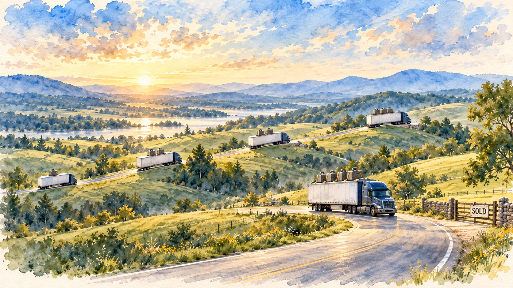 Watercolor of a truck on a long road whose trailer picks up a weight at each hill, still carrying them past a sold sign