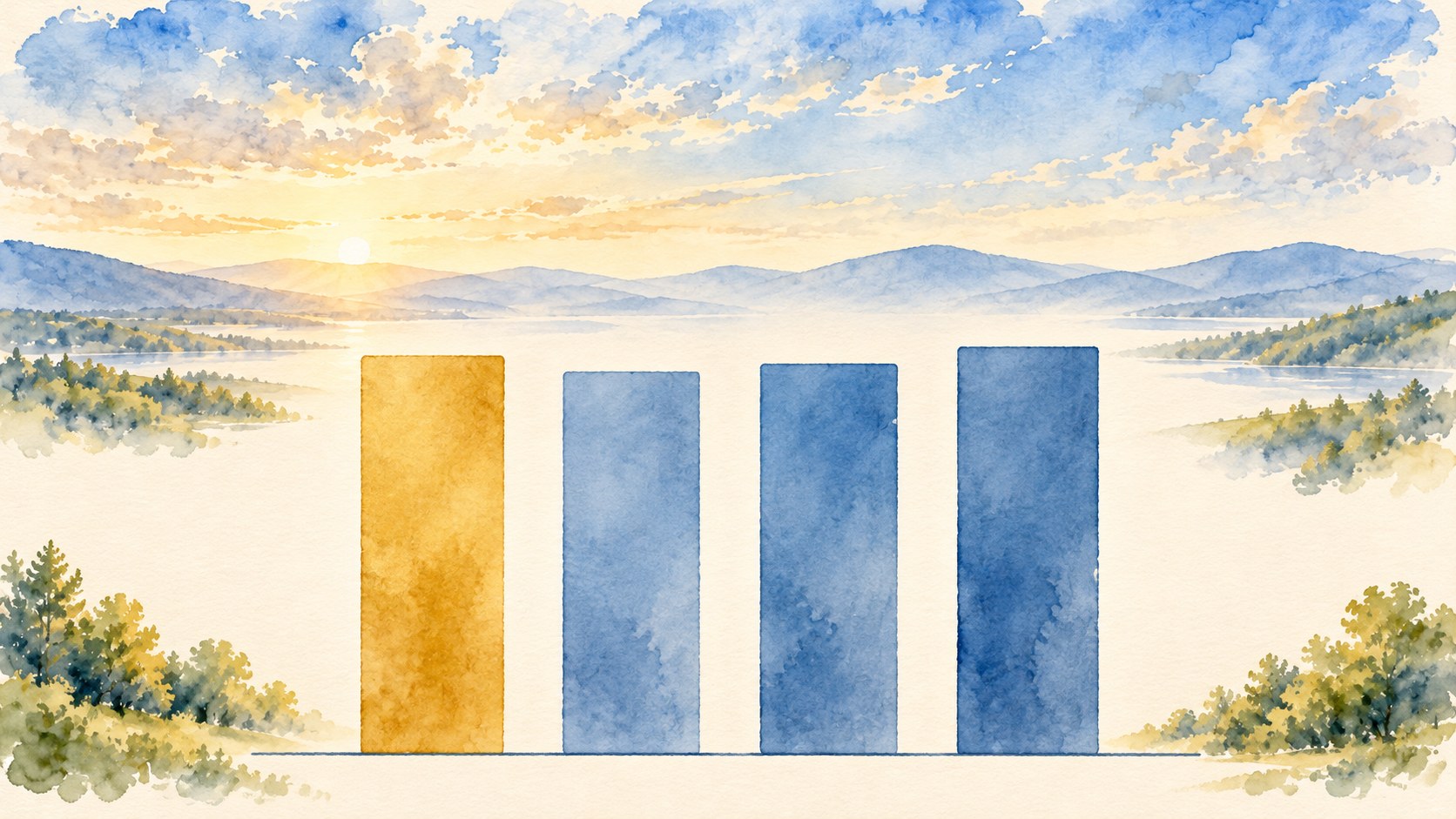 Four watercolor bars of nearly equal height, one gold and three blue