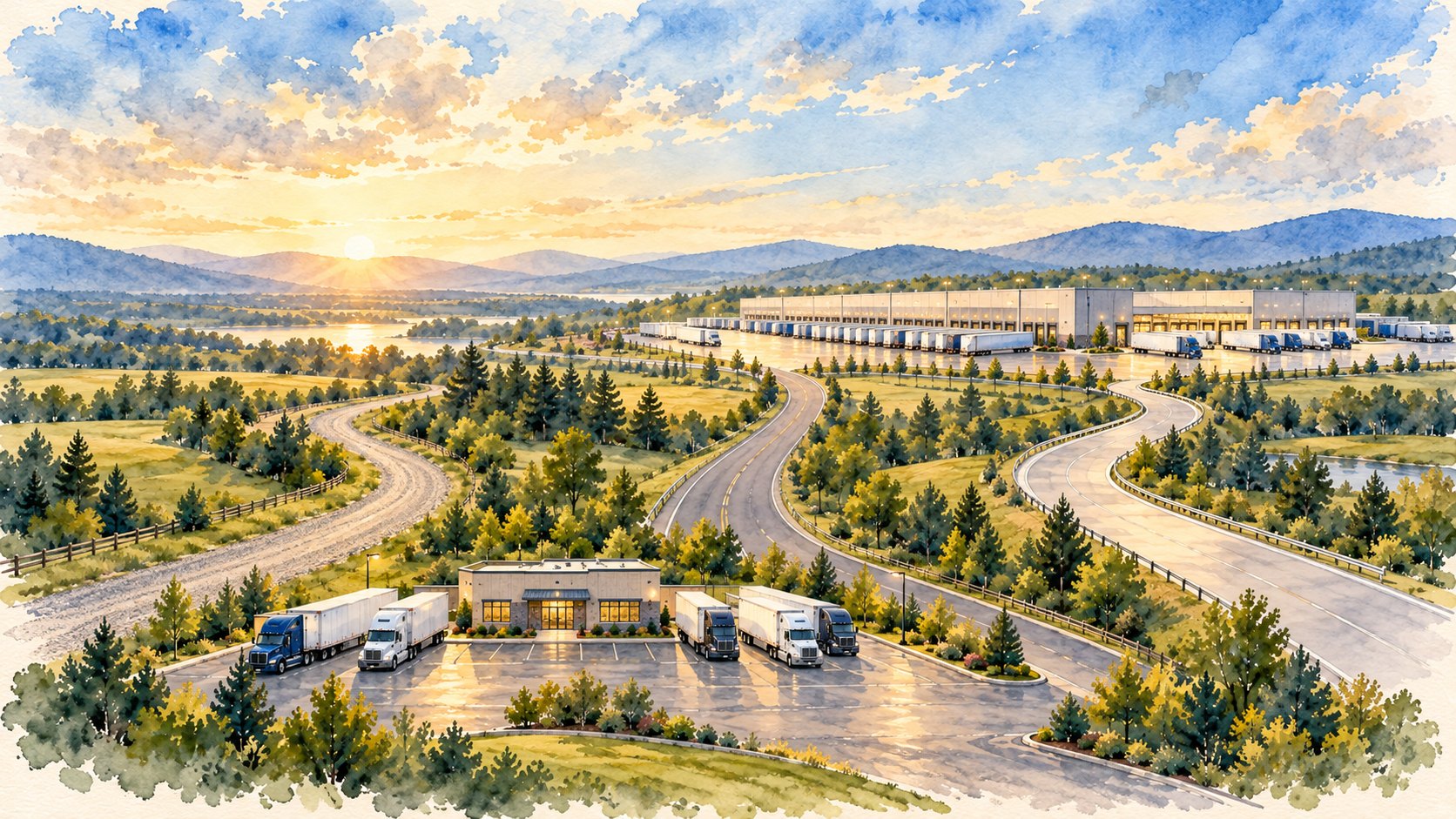 Watercolor of three roads leaving a trucking yard and meeting at a busy terminal on the horizon
