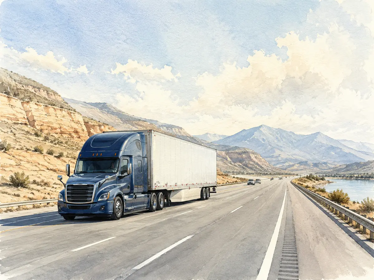 Watercolor illustration of a tractor-trailer traveling on an open highway.