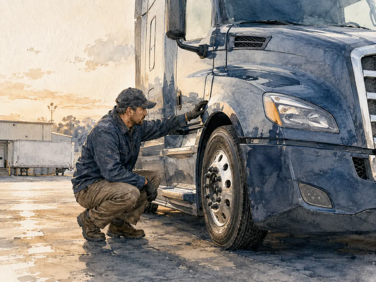 Watercolor illustration of a driver performing a pre-trip inspection.