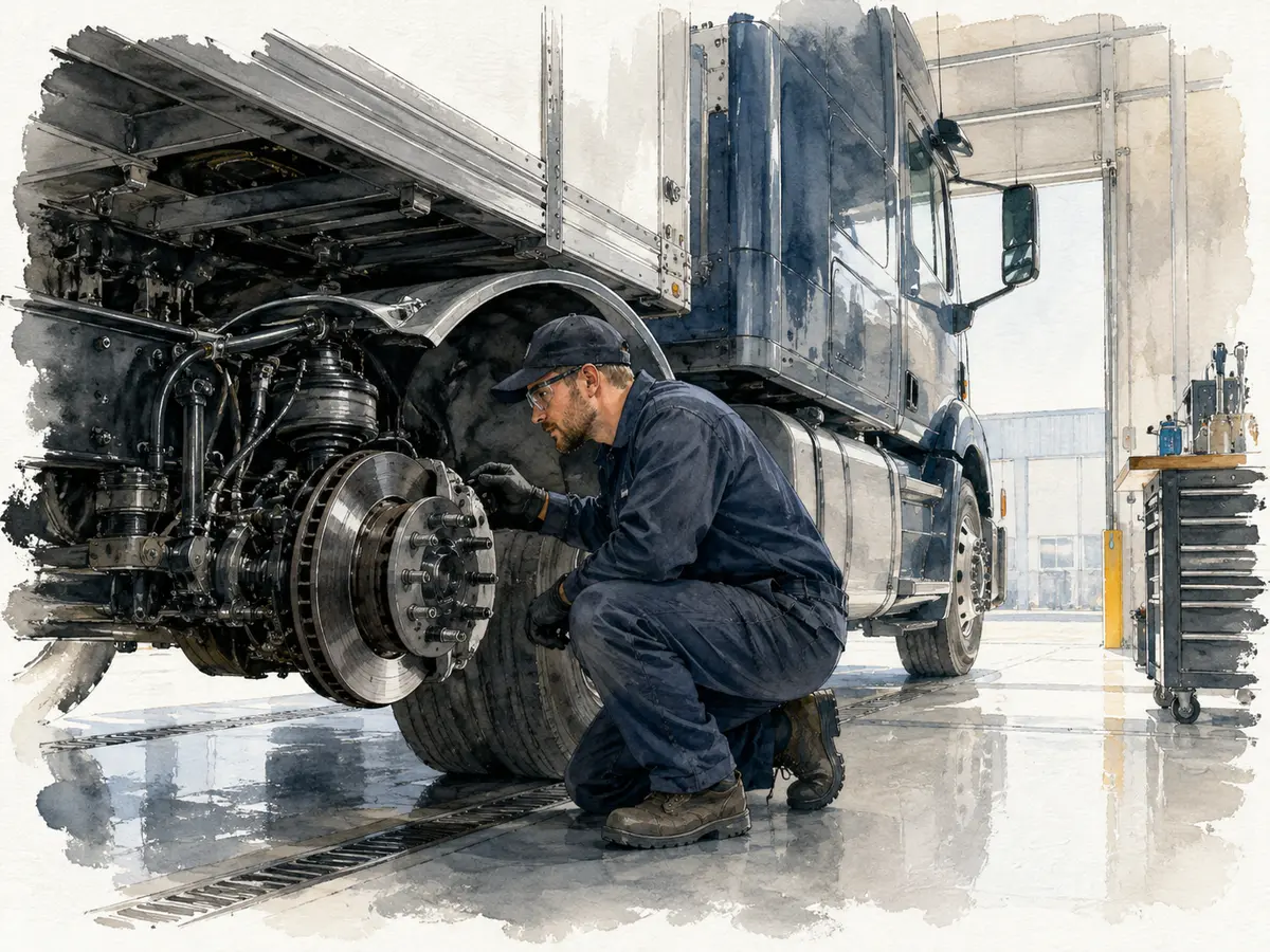 Watercolor illustration of a technician inspecting truck brakes.