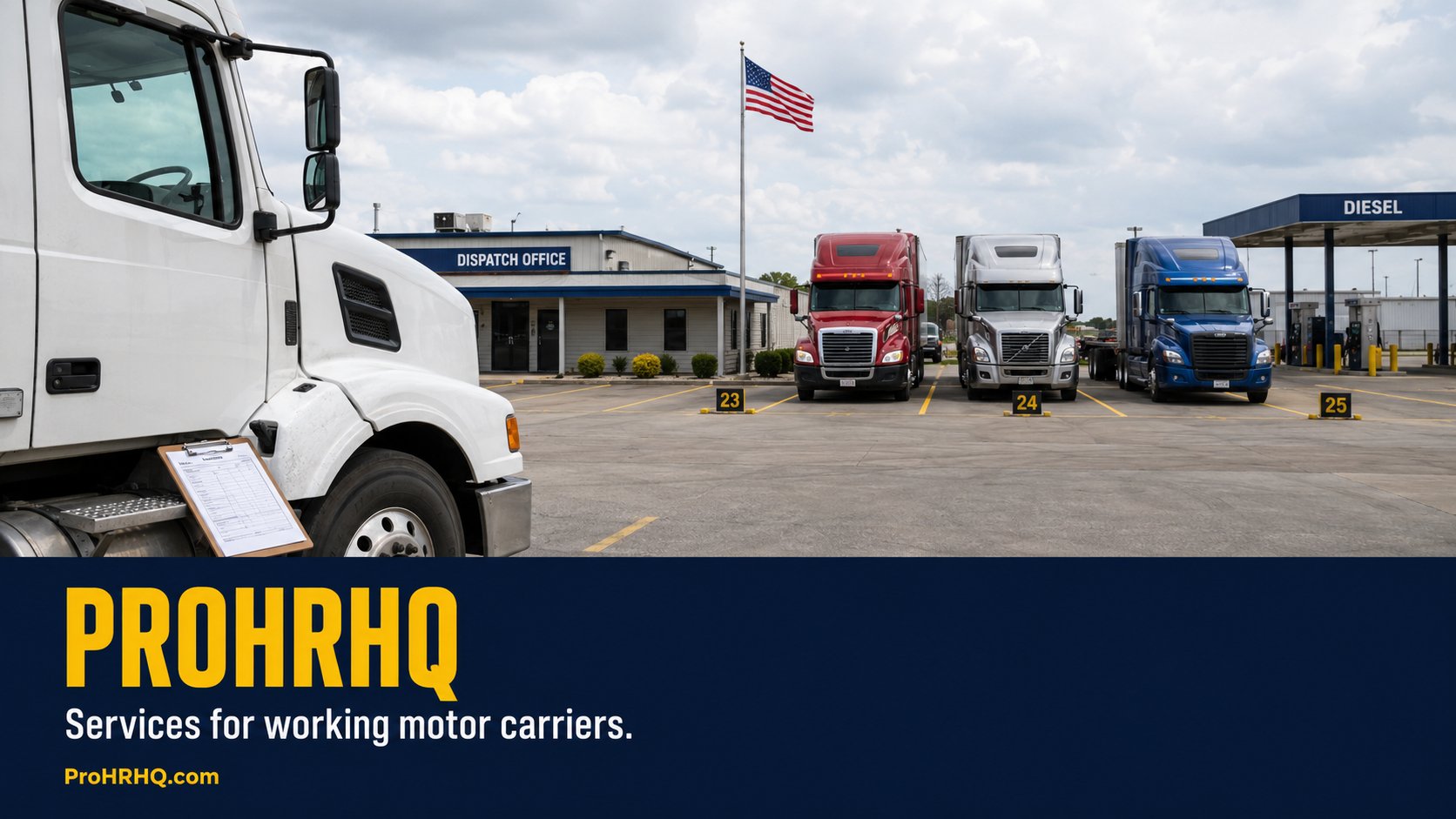 A working U.S. motor carrier dispatch office at mid-day — driver pipeline software open on dual monitors, lane-coverage map, a yard of staged Class 8 trucks visible through the window.