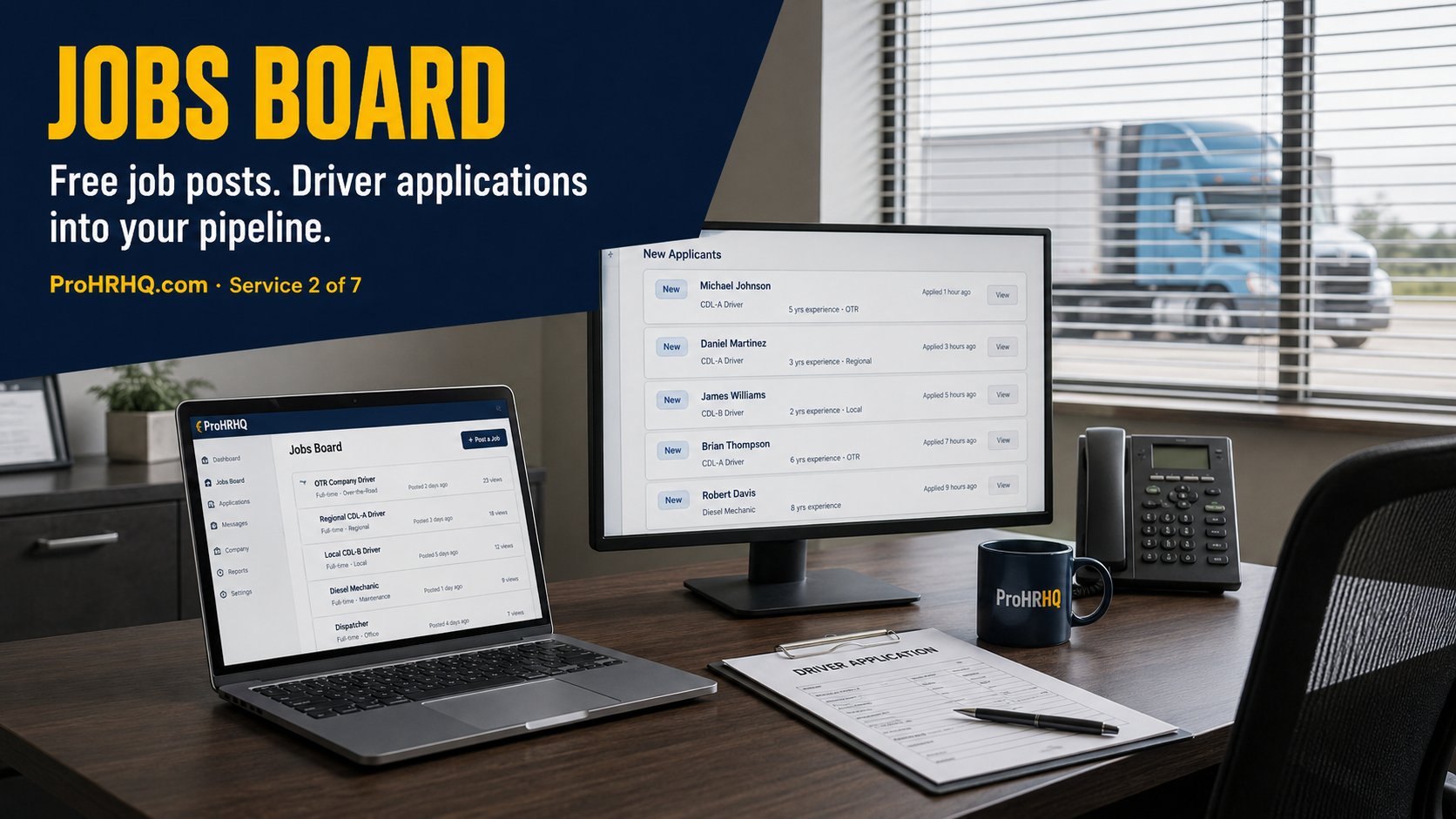 A recruiter at a desk reviewing driver applications on a laptop and a second monitor showing new applicants.