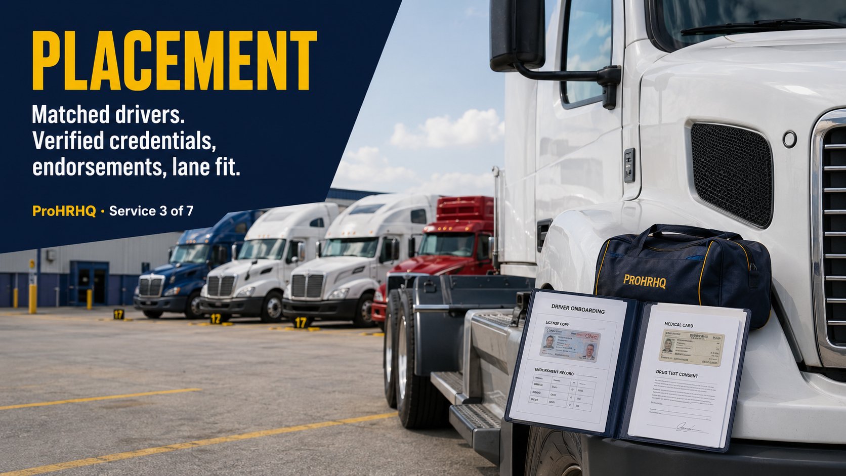 A row of Class 8 trucks at a clean motor carrier yard, with a folder showing a license copy and medical card on the foreground truck.