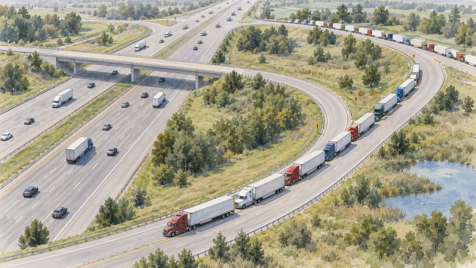 Watercolor bird's-eye view of tractor-trailers parked along an interstate exit ramp because parking is full.