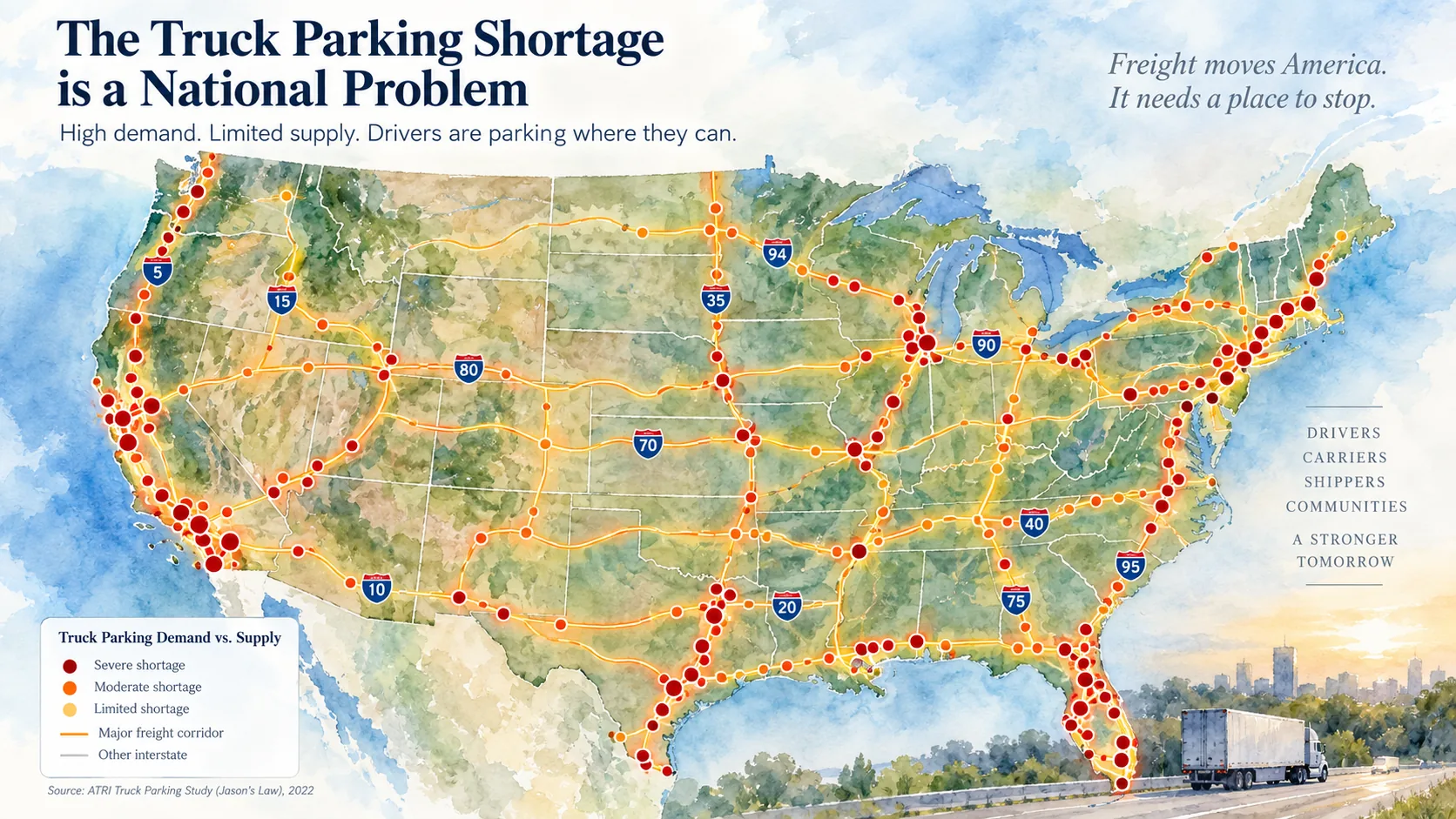 Watercolor map illustrating truck-parking pressure along major U.S. freight corridors.
