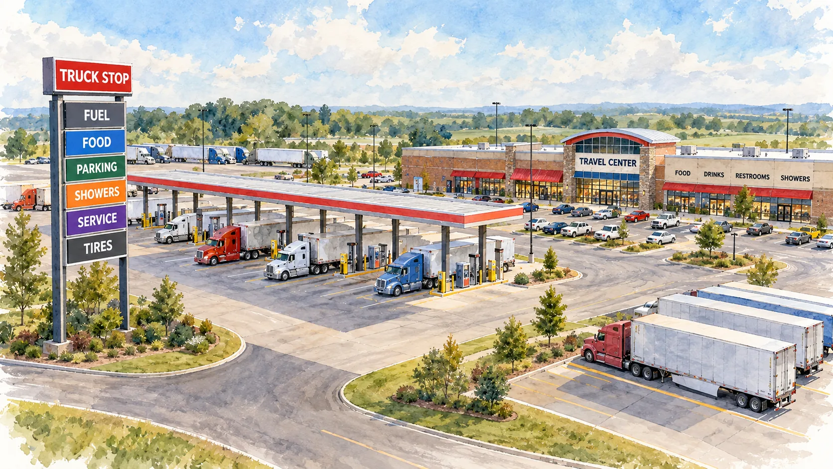 Watercolor illustration of a large traditional travel center with fuel, retail, parking, showers, and services.
