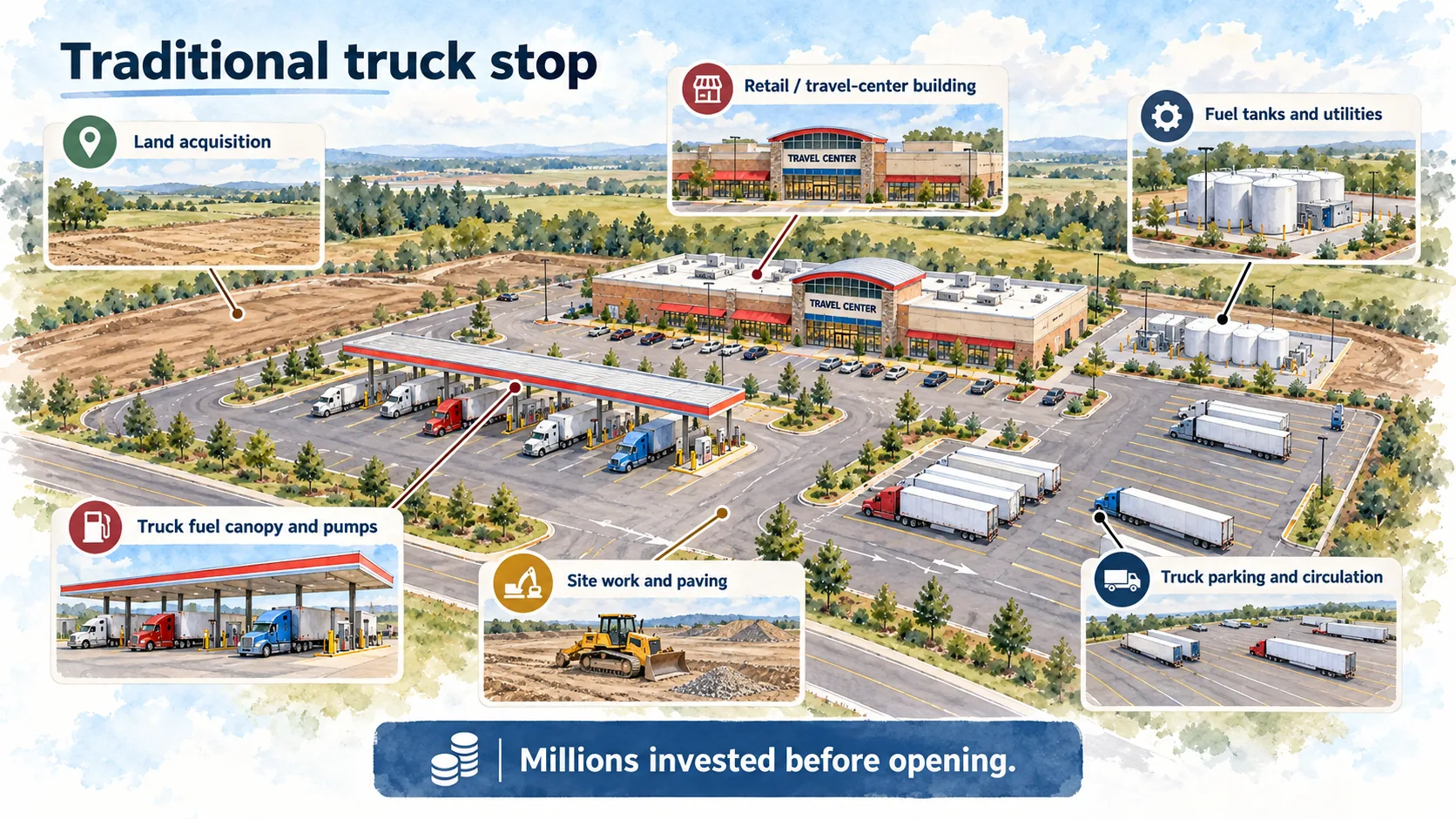 Traditional truck stop capital: land acquisition, retail and travel-center building, fuel tanks and utilities, truck fuel canopy and pumps, site work and paving, and truck parking and circulation. Millions invested before opening.